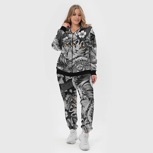 Женский костюм С котами и рыбой на фоне сакуры в волнах / 3D-Черный – фото 4