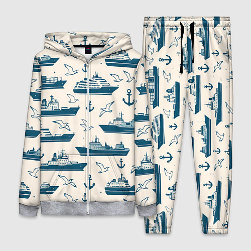 Женский костюм Морской паттерн из чаек, якорей и кораблей / 3D-Меланж – фото 1