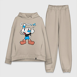 Женский костюм оверсайз Синяя чашка Cuphead, цвет: миндальный