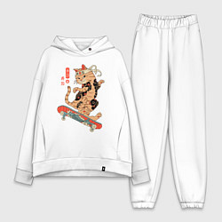 Женский костюм оверсайз Кот самурай скейтбордист, цвет: белый