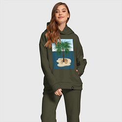 Женский костюм оверсайз Кот под пальмой на острове, цвет: хаки — фото 2