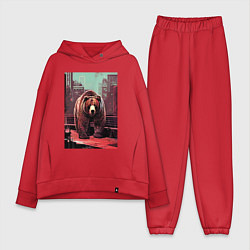 Женский костюм оверсайз Могучий медведь в большом городе, цвет: красный