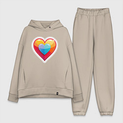 Женский костюм оверсайз Разноцветное сердечко с обводкой, цвет: миндальный