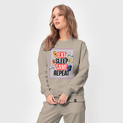 Костюм хлопковый женский EAT SLEEP GAME REPEAT, цвет: миндальный — фото 2