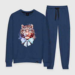 Костюм хлопковый женский Акварельный рыжий тигр с голубым бантом, цвет: тёмно-синий