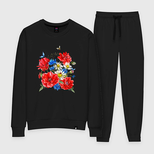 Женский костюм Летний букет мак василек ромашка цветы лето / Черный – фото 1