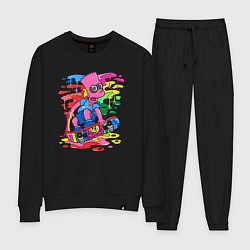 Костюм хлопковый женский Барт Симпсон - крутой скейтер - разноцветные клякс, цвет: черный