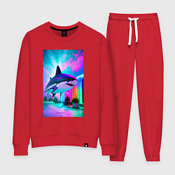 Костюм хлопковый женский Неоновая акула - нейросеть, цвет: красный
