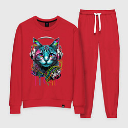 Костюм хлопковый женский Кот меломан, цвет: красный