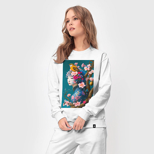 Женский костюм Девушка с птицей на фоне цветущей сакуры / Белый – фото 3