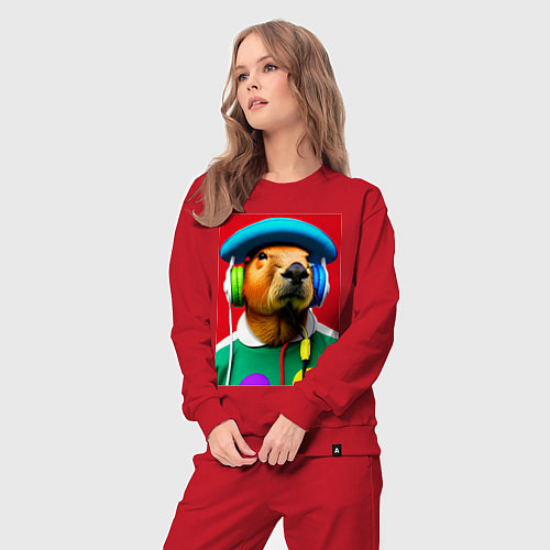 Женский костюм Капибара в наушниках и шляпе - нейросеть / Красный – фото 3