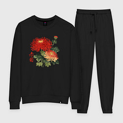 Костюм хлопковый женский Красные хризантемы, цвет: черный