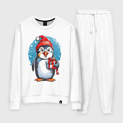 Костюм хлопковый женский Пингвин с новогодним подарком, цвет: белый