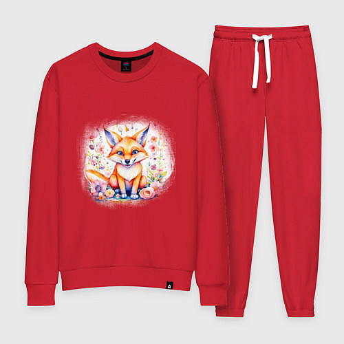 Женский костюм Милый большеухий лисенок сидит в цветах / Красный – фото 1