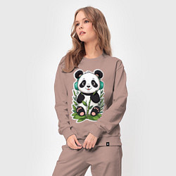 Костюм хлопковый женский Медвежонок панды в наушниках, цвет: пыльно-розовый — фото 2