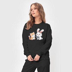 Костюм хлопковый женский Котик играет с кроликом, цвет: черный — фото 2