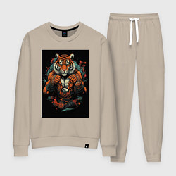 Костюм хлопковый женский Муай Тай тигр в стойке, цвет: миндальный