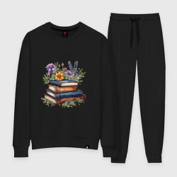 Костюм хлопковый женский Стопка книг с полевыми цветами, цвет: черный