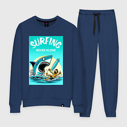 Костюм хлопковый женский Surfing never alone - shark and surfer, цвет: тёмно-синий