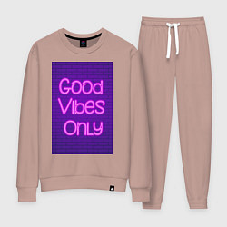 Костюм хлопковый женский Неоновая надпись good vibes only и кирпичная стена, цвет: пыльно-розовый
