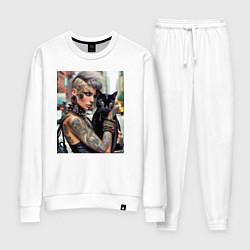 Костюм хлопковый женский Девчонка панк в татухах с чёрным котом - нейросеть, цвет: белый