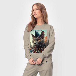 Костюм хлопковый женский Уличный кот панк музыкант - нейросеть, цвет: миндальный — фото 2