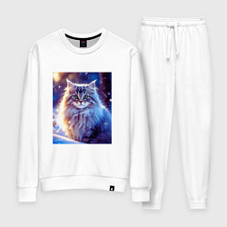 Костюм хлопковый женский Кот в снегу, цвет: белый
