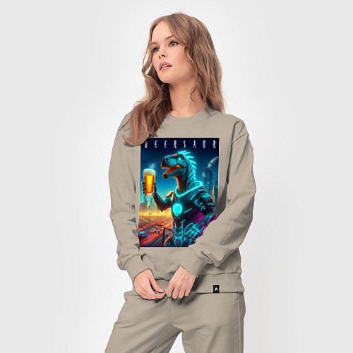 Женский костюм Дино с кружкой пива в Мегаполисе - нейроарт / Миндальный – фото 3