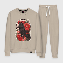 Костюм хлопковый женский Чёрный волк и красные цветы, цвет: миндальный