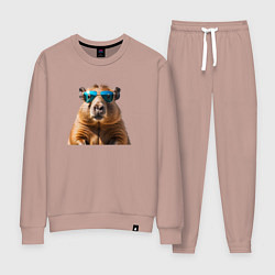 Костюм хлопковый женский Капибара в модных очках, цвет: пыльно-розовый