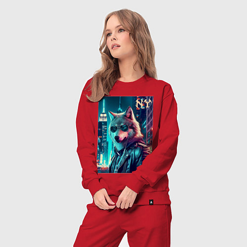 Женский костюм Крутой волчара в ночном Нью-Йорке - нейроарт / Красный – фото 3