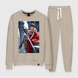 Костюм хлопковый женский Девушка в красном платье с мечем, цвет: миндальный