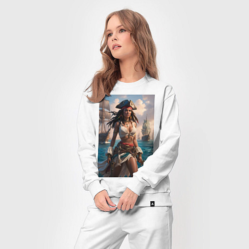 Женский костюм Пиратка на фона флотилии кораблей / Белый – фото 3