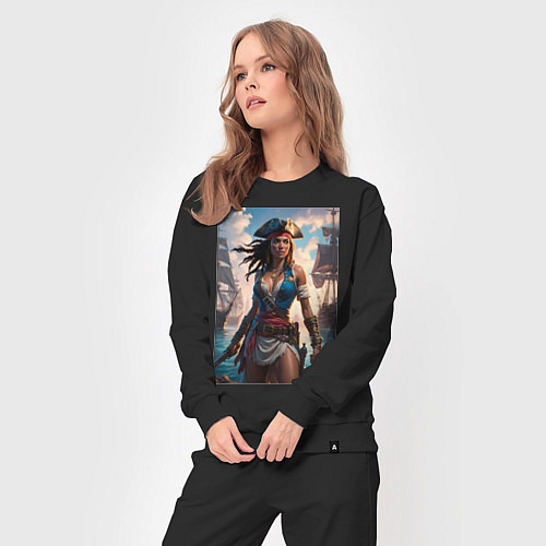 Женский костюм Пиратка на фона флотилии кораблей / Черный – фото 3