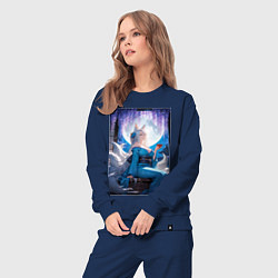 Костюм хлопковый женский Лисица в кимоно любуется цветением глицинии, цвет: тёмно-синий — фото 2