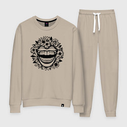 Костюм хлопковый женский Злая улыбка в цветах, цвет: миндальный