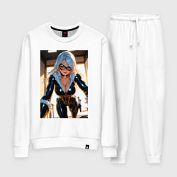 Костюм хлопковый женский Черная кошка в комнате, цвет: белый