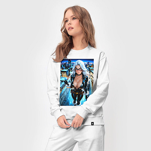 Женский костюм Черная кошка с брилиантом на крыше здания / Белый – фото 3