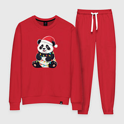 Костюм хлопковый женский Новогодняя Панда в гирлянде, цвет: красный