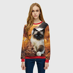 Свитшот женский Котик в листьях, цвет: 3D-красный — фото 2