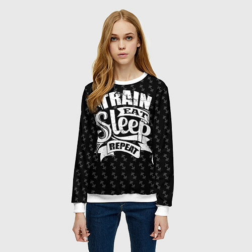 Женский свитшот Train Eat Sleep Repeat / 3D-Белый – фото 3