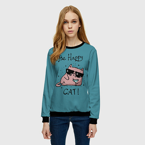 Женский свитшот Be Happy Cat / 3D-Черный – фото 3