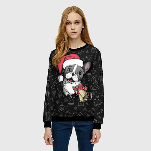 Женский свитшот Merry Christmas - french bulldog / 3D-Черный – фото 3