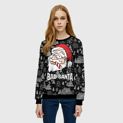 Женский свитшот Плохой Санта с конфетой / 3D-Черный – фото 3