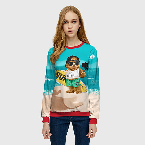 Женский свитшот Медвежонок серфер / 3D-Красный – фото 3