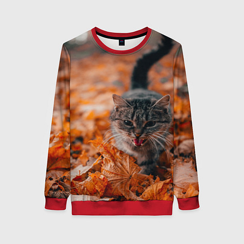 Женский свитшот Мяукающий кот осенние листья / 3D-Красный – фото 1