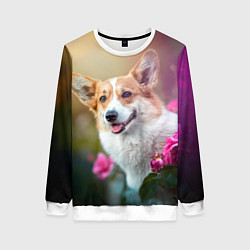 Свитшот женский Корги в розовом кусте, цвет: 3D-белый