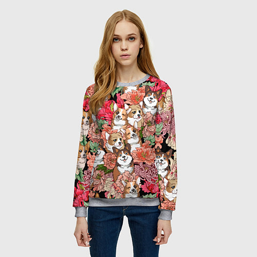 Женский свитшот Корги & Цветы / 3D-Меланж – фото 3