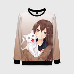 Свитшот женский Девочка и белый кот аниме, цвет: 3D-черный