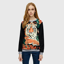 Свитшот женский Огненный Тигр в Цветах, цвет: 3D-меланж — фото 2